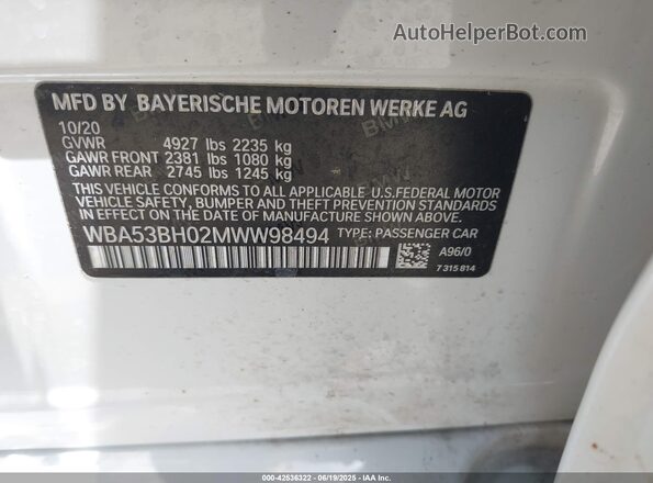 WBA53BH02MWW98494 2021 BMW 7 SERIES White 