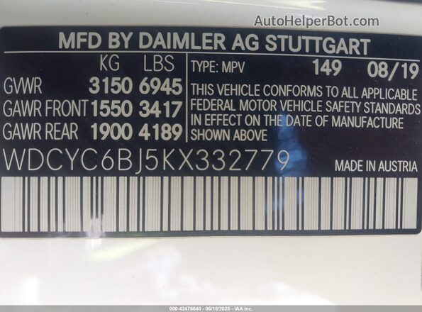 WDCYC6BJ5KX332779 2019 MERCEDES-BENZ G 550 White 
