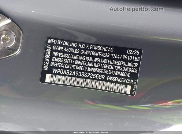 WP0AB2A93SS225589 2025 PORSCHE 911 Gray Вид підкапотного простору
