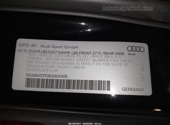 WUABWCF5XKA904305 2019 AUDI RS5 Черный Вид подкапотного пространства