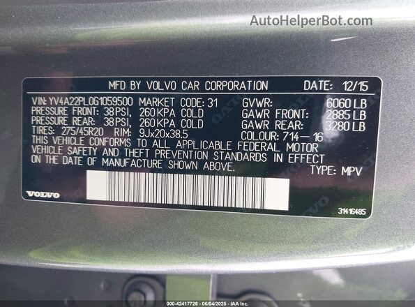 YV4A22PL0G1059500 2016 VOLVO XC90 Silver Widok komory silnika