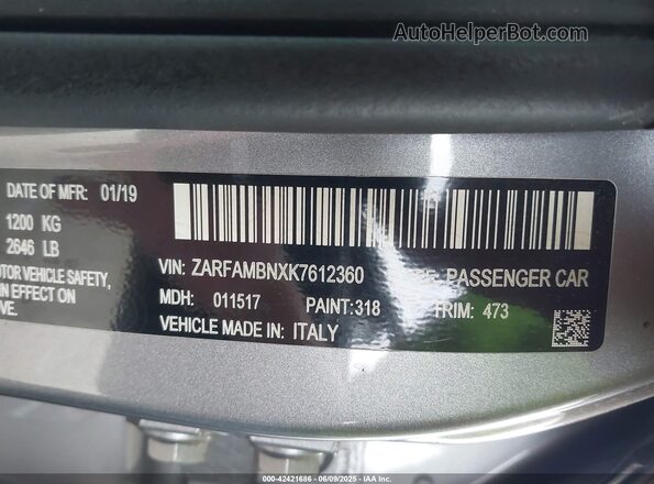 ZARFAMBNXK7612360 2019 ALFA ROMEO GIULIA Gray 