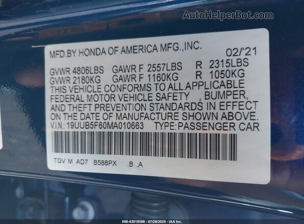 19UUB5F60MA010663 2021 ACURA TLX Blue Vista del compartimento del motor