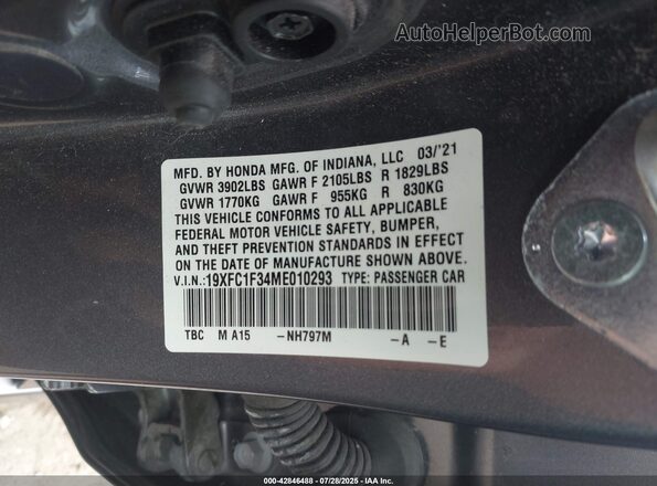 19XFC1F34ME010293 2021 HONDA CIVIC Gray Widok komory silnika