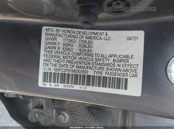 19XFC2F81ME003593 2021 HONDA CIVIC Gray Widok komory silnika