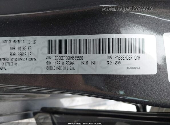 1C3CCCFB6HN505591 2017 CHRYSLER 200 Серый 