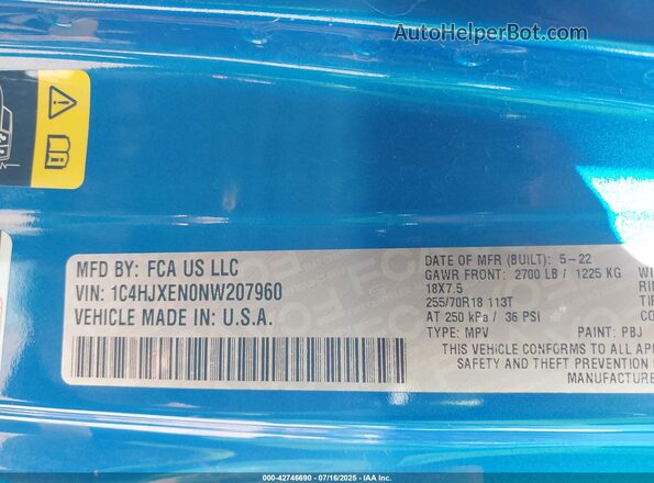 1C4HJXEN0NW207960 2022 JEEP WRANGLER UNLIMITED Blue 