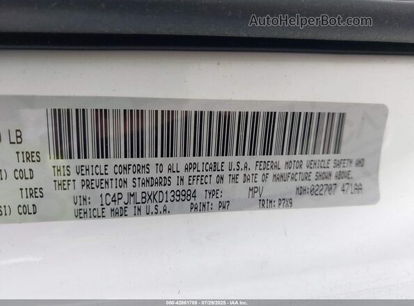 1C4PJMLBXKD139984 2019 JEEP CHEROKEE White 