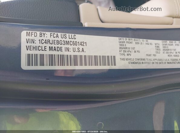 1C4RJEBG3MC601421 2021 JEEP GRAND CHEROKEE Blue Widok komory silnika