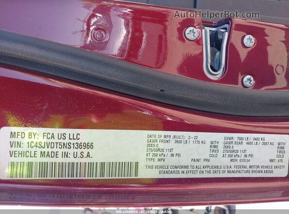 1C4SJVDT5NS136966 2022 JEEP WAGONEER Red 