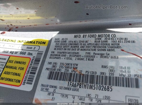 1FA6P8TH1M5102685 2021 FORD MUSTANG Silver 