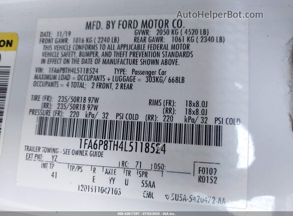 1FA6P8TH4L5118524 2020 FORD MUSTANG White Вид підкапотного простору