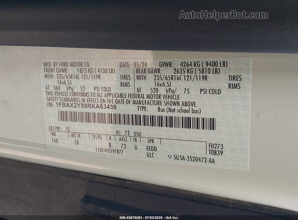 1FBAX2Y89RKA83438 2024 FORD PASSENGER White Widok komory silnika