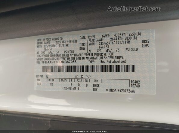 1FBAX9Y83RKB87058 2024 FORD PASSENGER White Вид підкапотного простору