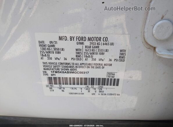 1FM5K8AB9MGC00317 2021 FORD POLICE INTERCEPTOR White Vista del compartimento del motor