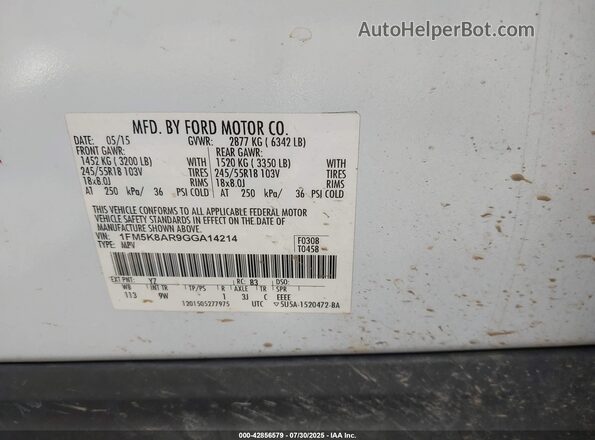 1FM5K8AR9GGA14214 2016 FORD POLICE INTERCEPTOR White 