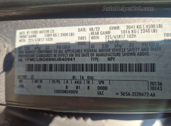 1FMCU9G68NUB40941 2022 FORD ESCAPE  