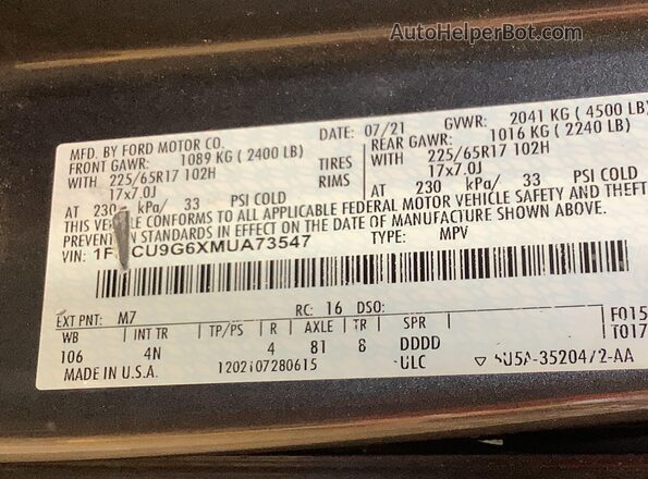 1FMCU9G6XMUA73547 2021 FORD ESCAPE  Вид наклейки с VIN-кодом