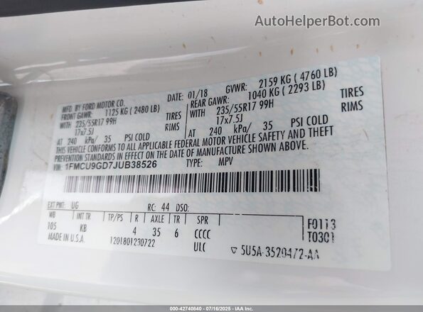 1FMCU9GD7JUB38526 2018 FORD ESCAPE White Widok komory silnika