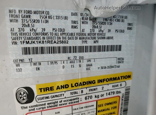 1FMJK1K81REA25802 2024 FORD EXPEDITION Белый 