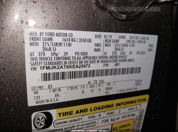 1FMJK2AT6KEA20872 2019 FORD EXPEDITION Gray Widok komory silnika