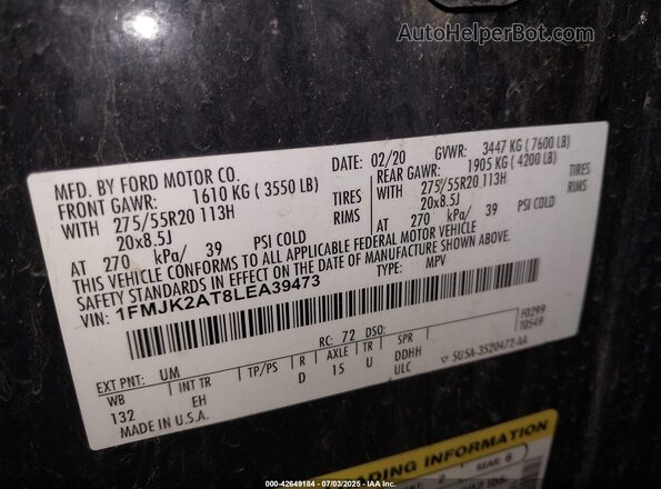 1FMJK2AT8LEA39473 2020 FORD EXPEDITION Black ძრავის განყოფილების ხედი