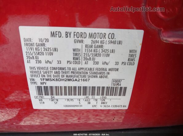 1FMSK8DH2MGA21667 2021 FORD FORD EXPLORER Red Engine compartment view