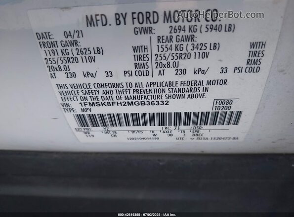 1FMSK8FH2MGB36332 2021 FORD FORD EXPLORER White Вид підкапотного простору