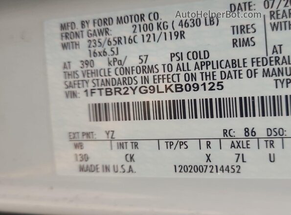 1FTBR2YG9LKB09125 2020 FORD TRANSIT-250  