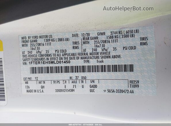 1FTER1EH5MLD01450 2021 FORD RANG Белый Вид подкапотного пространства