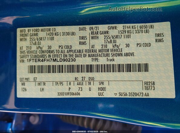 1FTER4FH7MLD90230 2021 FORD RANG Blue 