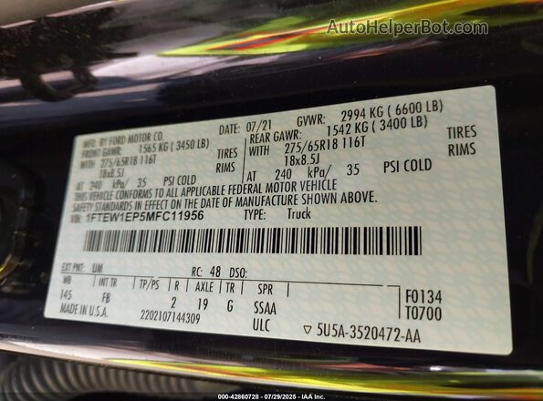 1FTEW1EP5MFC11956 2021 FORD F150 Black 