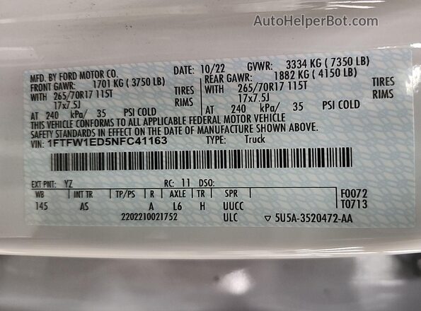 1FTFW1ED5NFC41163 2022 FORD F150  Вид сзади