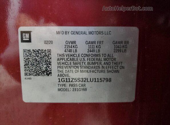 1G11Z5S32LU115798 2020 CHEVROLET IMPALA Burgundy 