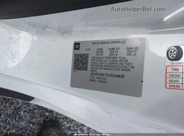 1G1FH3D71L0114839 2020 CHEVROLET CAMARO White 
