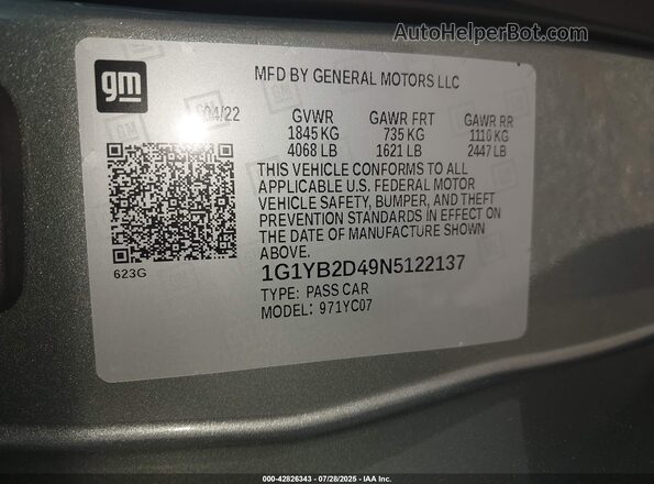 1G1YB2D49N5122137 2022 CHEVROLET CORVETTE Gray 