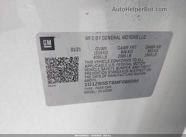 1G1ZB5ST6MF065095 2021 CHEVROLET MALIBU White Вид підкапотного простору