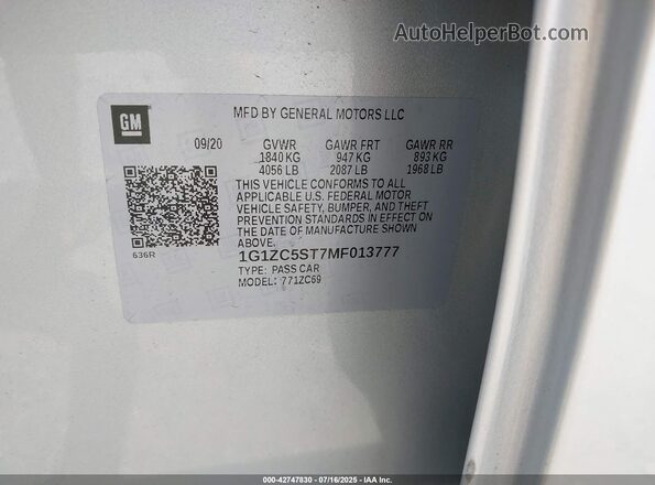 1G1ZC5ST7MF013777 2021 CHEVROLET MALIBU Silver Vista del compartimento del motor