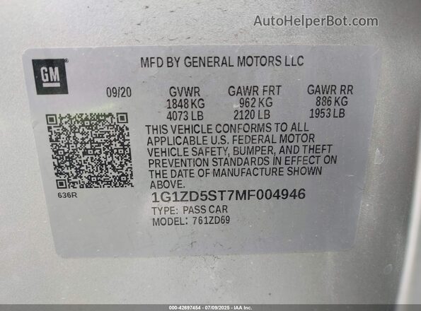 1G1ZD5ST7MF004946 2021 CHEVROLET MALIBU Silver Вид підкапотного простору