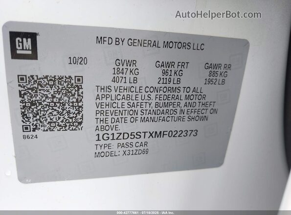 1G1ZD5STXMF022373 2021 CHEVROLET MALIBU Белый Вид подкапотного пространства