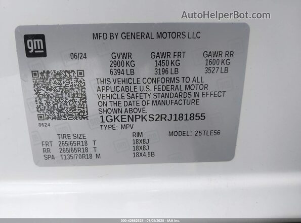 1GKENPKS2RJ181855 2024 GMC ACADIA White ძრავის განყოფილების ხედი