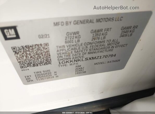 1GKKNKLSXMZ170794 2021 GMC ACADIA White Widok komory silnika