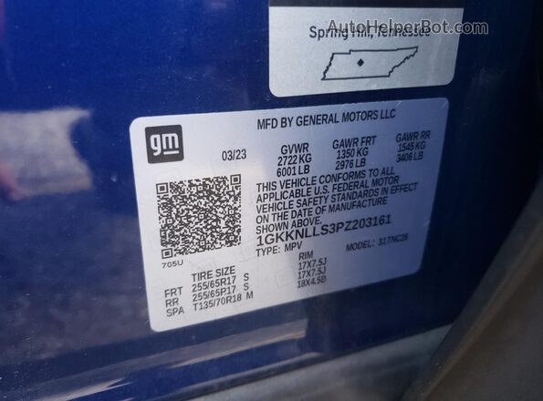 1GKKNLLS3PZ203161 2023 GMC ACADIA Blue Vista de la etiqueta del VIN