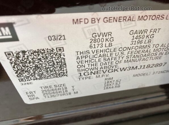 1GNEVGKW3MJ182897 2021 CHEVROLET TRAVERSE  