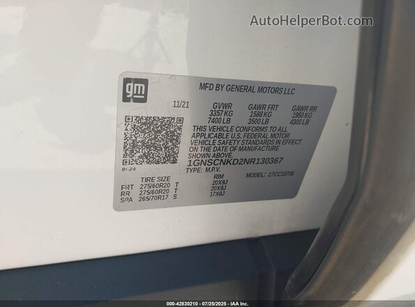 1GNSCNKD2NR130367 2022 CHEVROLET TAHOE Белый 