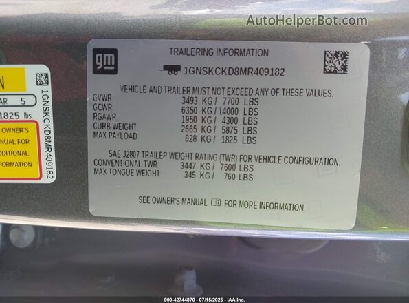 1GNSKCKD8MR409182 2021 CHEVROLET SUBURBAN Gray 