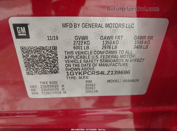 1GYKPCRS4LZ139696 2020 CADILLAC OTHER Red 