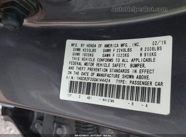 1HGCR2F35GA144424 2016 HONDA ACCORD Серый Вид подкапотного пространства