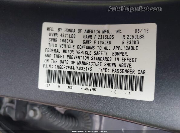 1HGCR2F84HA032145 2017 HONDA ACCORD Gray Շարժիչի բաժամունքի տեսք