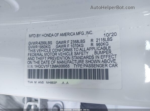 1HGCV1F13MA008955 2021 HONDA ACCORD White 